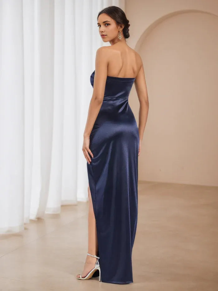 Navy Blue Satin Strapless Prom Dress Ruched Detailing Side Slit for Timeless Gala Elegance