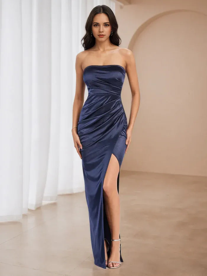 Navy Blue Satin Strapless Prom Dress Ruched Detailing Side Slit for Timeless Gala Elegance