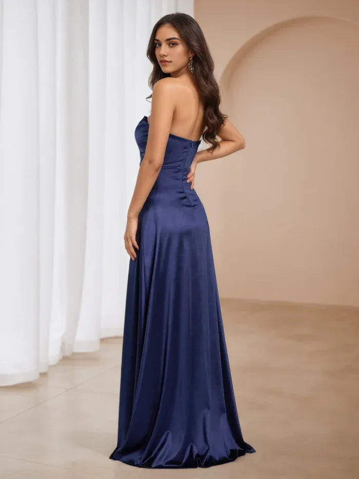 Navy Blue Satin Strapless Prom Dress with High Slit Elegant Cowl Neck Evening Gown