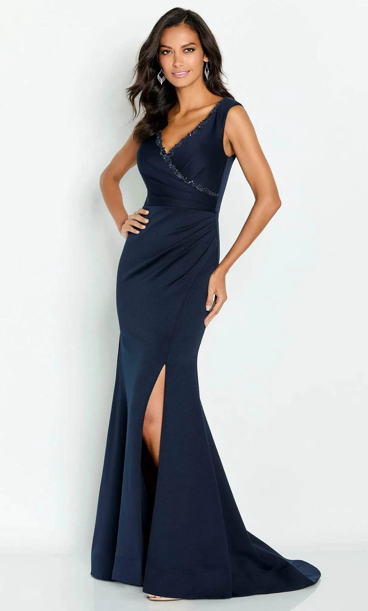 Navy Blue Sleeveless Evening Gown with Beaded V - Neckline Draped Bodice and Side Slit for Formal Occasions ?