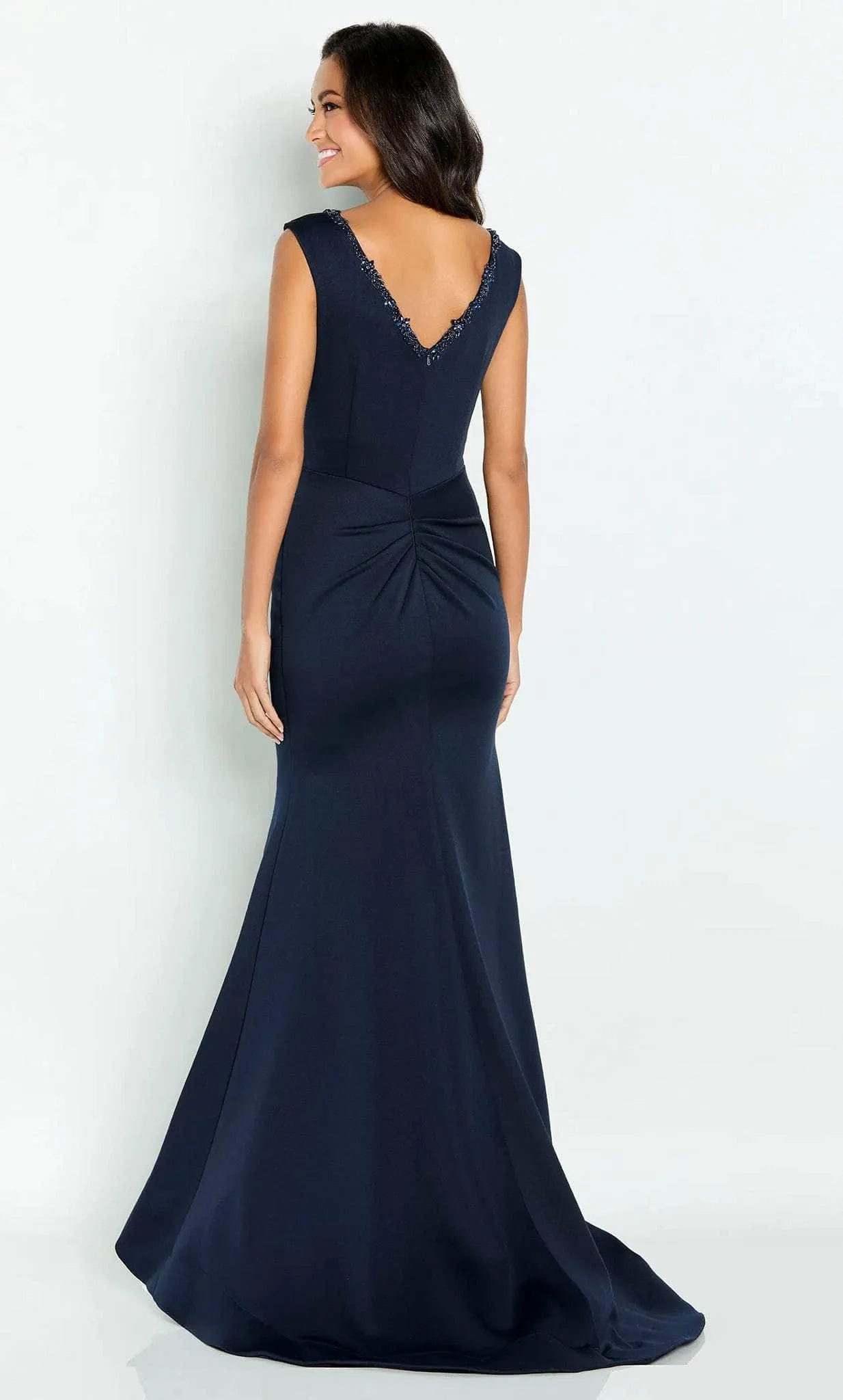 Navy Blue Sleeveless Evening Gown with Beaded V - Neckline Draped Bodice and Side Slit for Formal Occasions ?