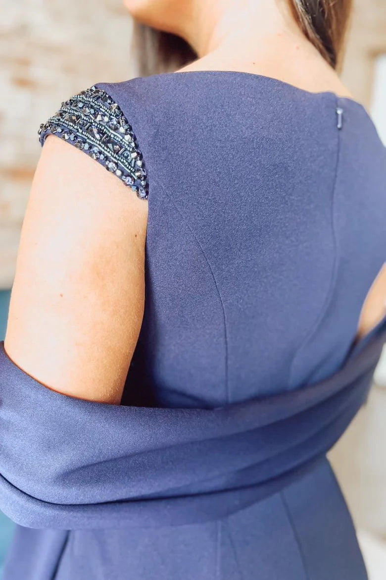 Navy Blue Square Neck Mother of the Bride Dress with Cap Sleeves