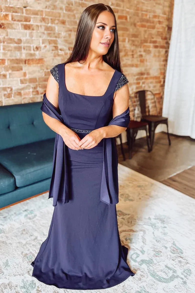 Navy Blue Square Neck Mother of the Bride Dress with Cap Sleeves