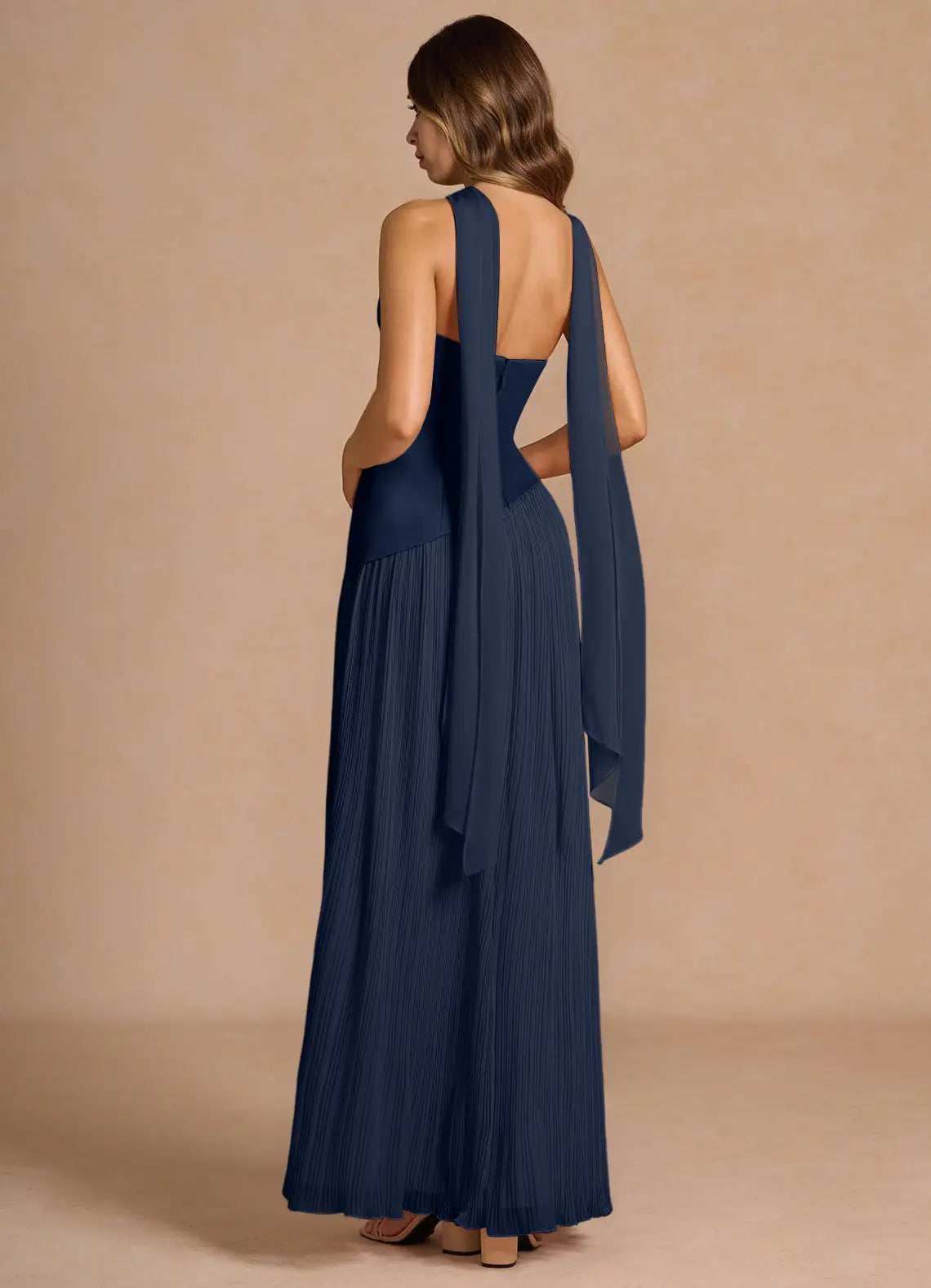 Navy Blue Strapless Prom Dress with Asymmetric Bodice Pleated Skirt High Slit and Draped Scarf Detail for Formal Galas