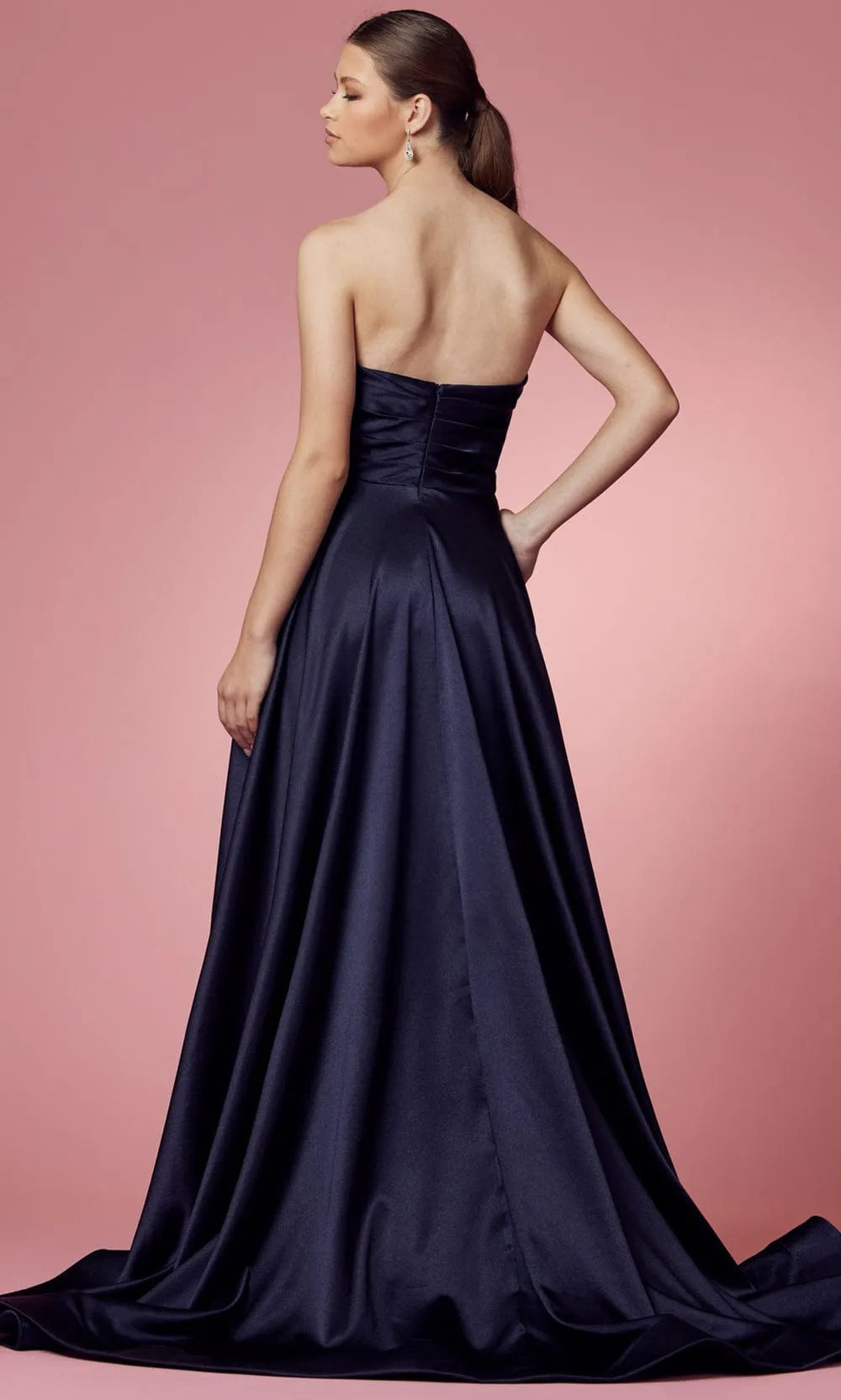 Navy Blue Strapless Satin Evening Gown with Draped Bodice Side Slit and for Formal Occasions