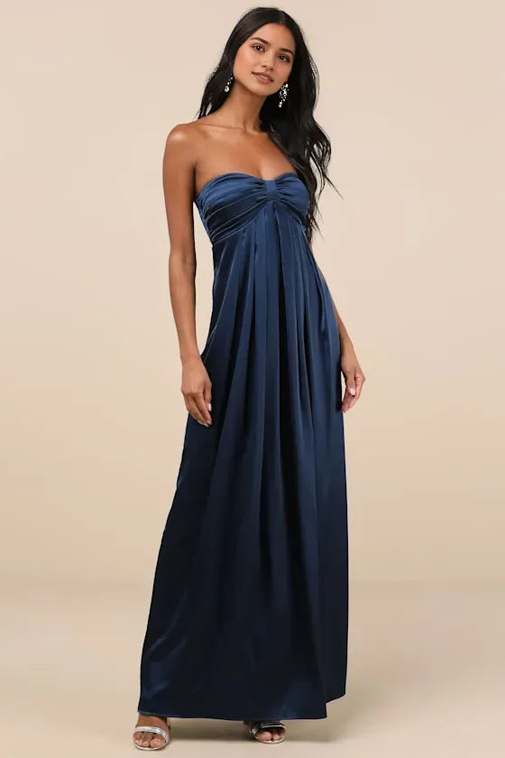 Navy Blue Strapless Satin Prom Dress Bow Front Elegance Flowy Pleated Maxi Skirt A Timeless Choice for Balls Galas  Memorable Formal Events