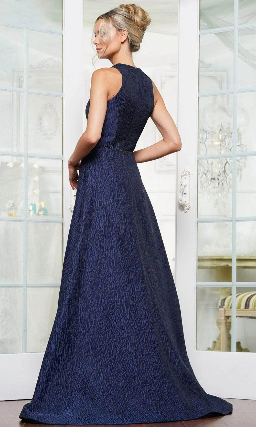 Navy Blue Textured Evening Gown with Cold Shoulder Design Bow  Front Embellishment and Plunging V - Neck for Formal Occasions ﻿