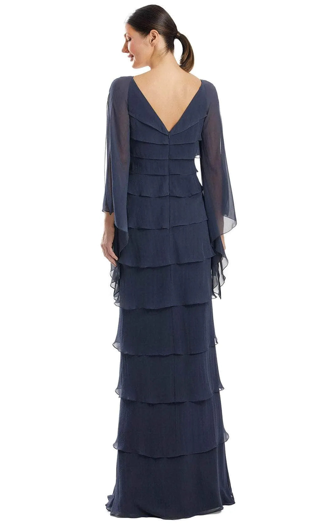 Navy Blue Tiered Chiffon Evening Gown with V - Neckline Sheer Flutter Sleeves Intricate Beaded Embellishment and Ruffled Layered Skirt for Formal Galas  Mother - of - the - Bride Events