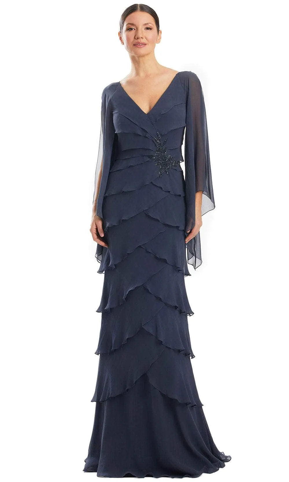 Navy Blue Tiered Chiffon Evening Gown with V - Neckline Sheer Flutter Sleeves Intricate Beaded Embellishment and Ruffled Layered Skirt for Formal Galas  Mother - of - the - Bride Events