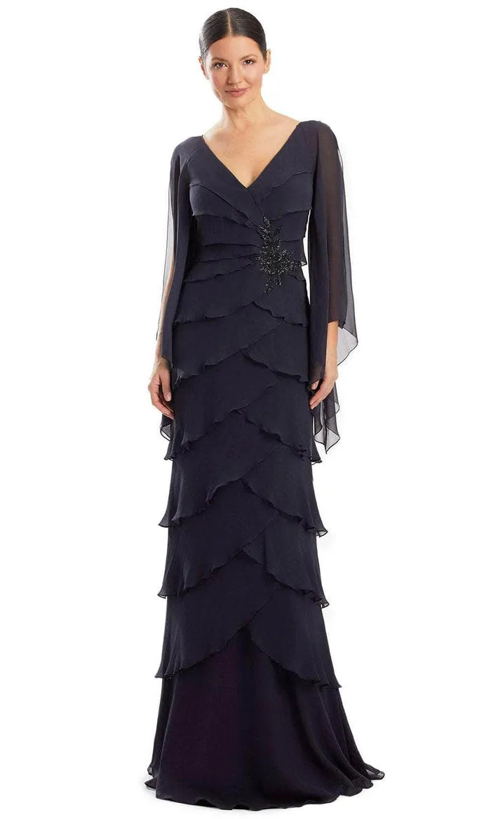 Navy Blue Tiered Chiffon Evening Gown with V - Neckline Sheer Flutter Sleeves Intricate Beaded Embellishment and Ruffled Layered Skirt for Formal Galas  Mother - of - the - Bride Events