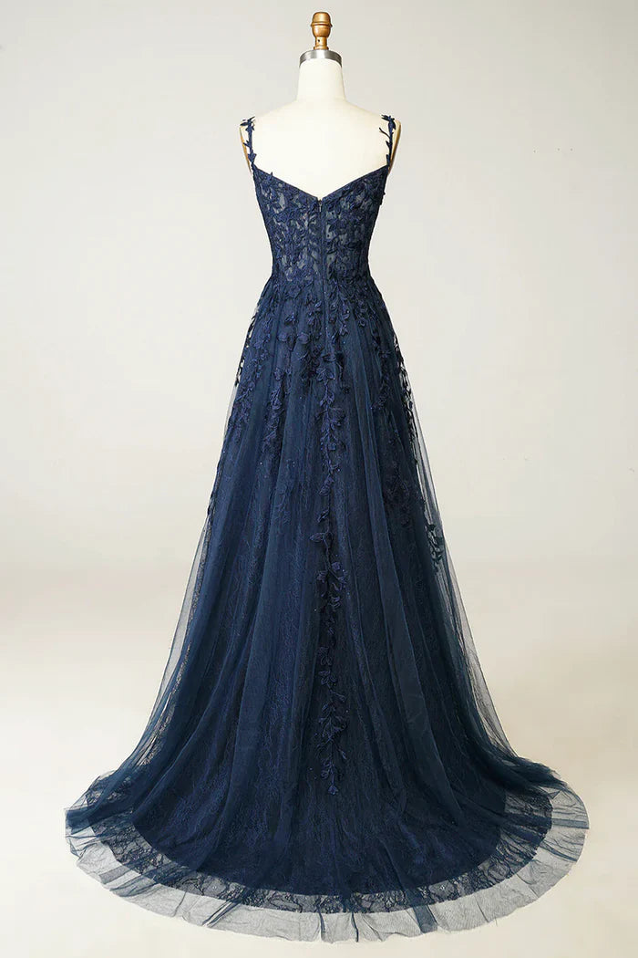 Navy Blue Tulle Lace Long Prom Dress Beautiful Spaghetti Straps Formal Dress