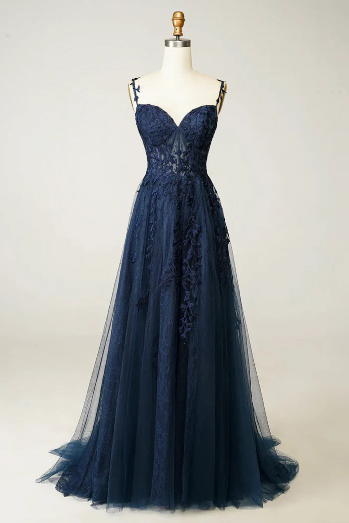 Navy Blue Tulle Lace Long Prom Dress Beautiful Spaghetti Straps Formal Dress