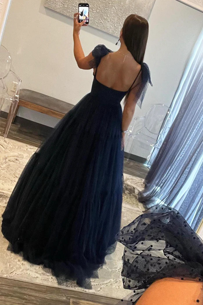 Navy Blue Tulle Long Prom Dress A-Line Sweetheart Neck Evening Party Dress