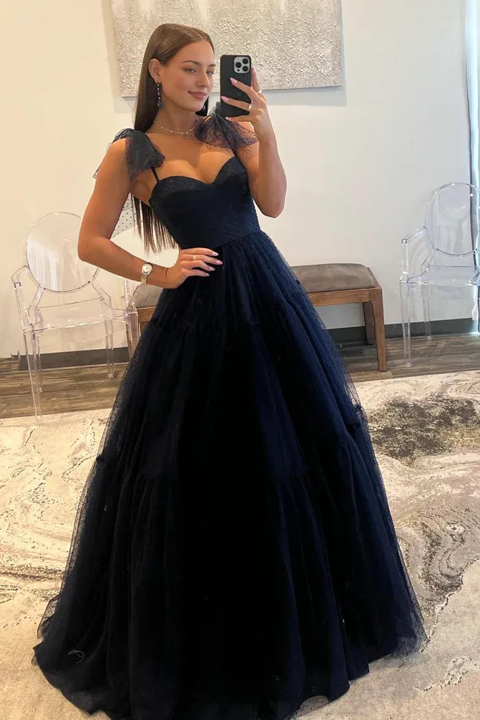 Navy Blue Tulle Long Prom Dress A-Line Sweetheart Neck Evening Party Dress