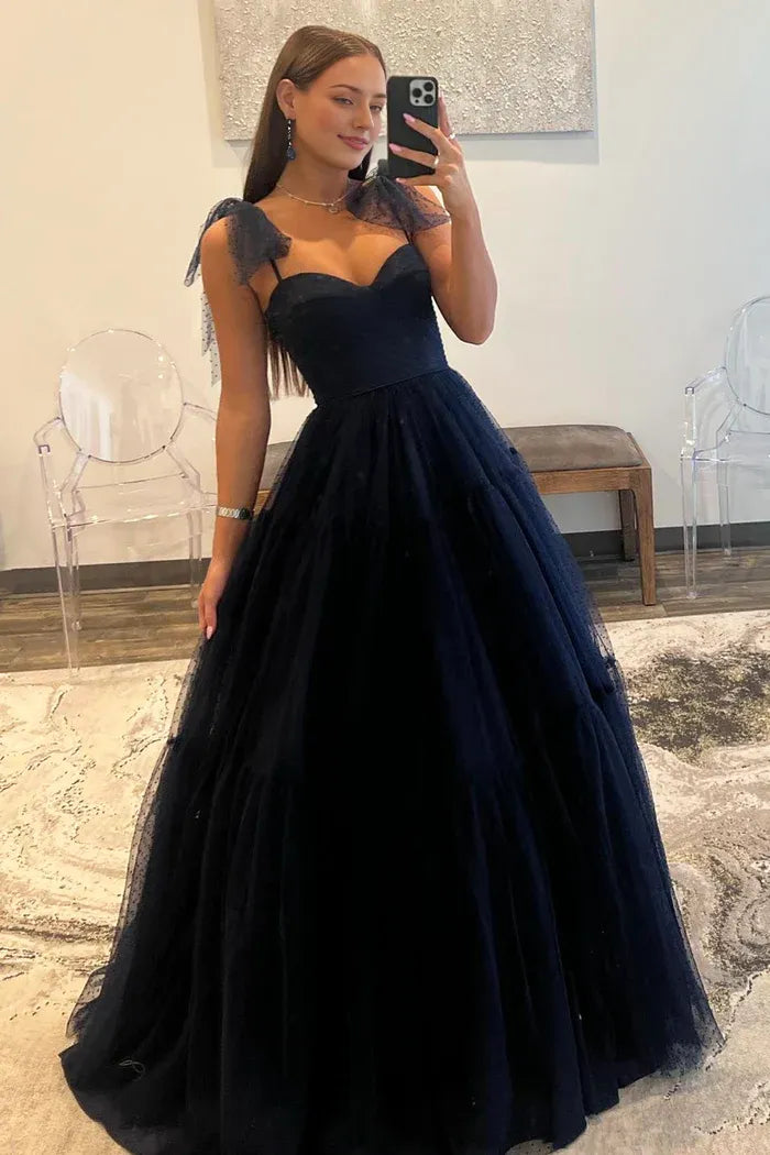 Navy Blue Tulle Long Prom Dress A-Line Sweetheart Neck Evening Party Dress