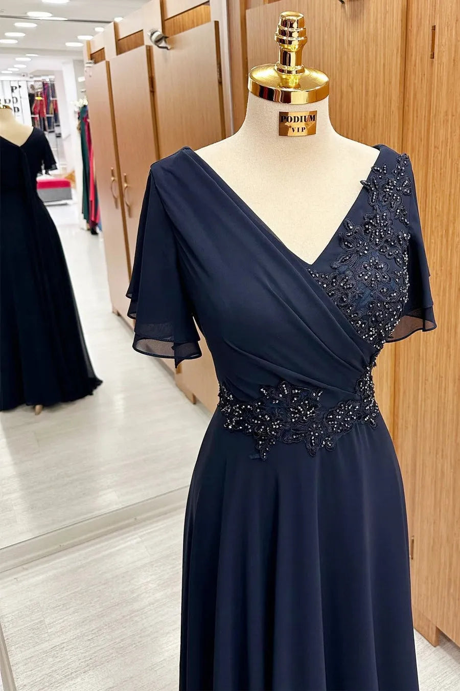Navy Blue V-Neck Beaded Mother of the Bride Dresses