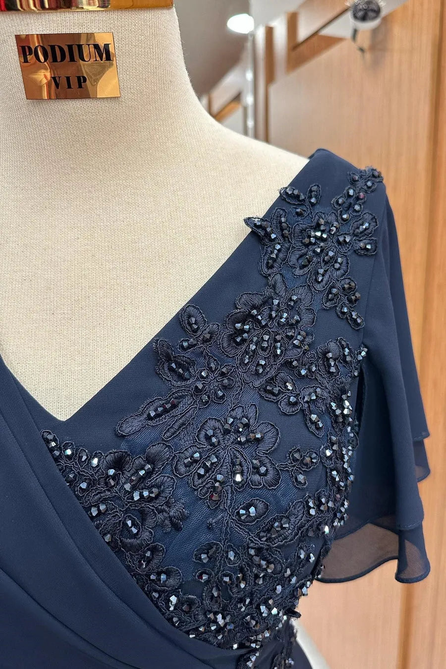 Navy Blue V-Neck Beaded Mother of the Bride Dresses