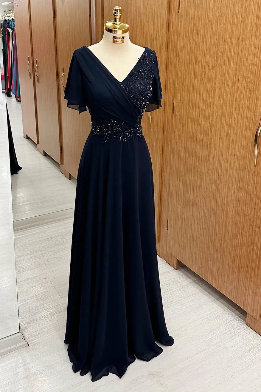 Navy Blue V-Neck Beaded Mother of the Bride Dresses