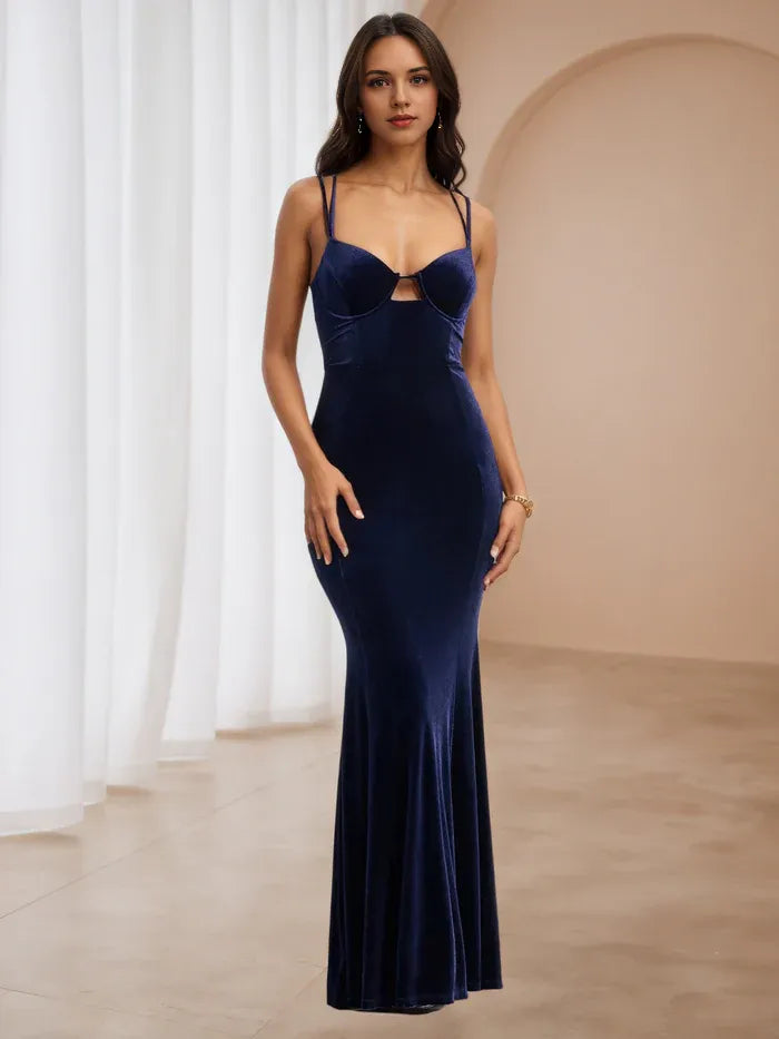 Navy Blue Velvet Prom Dress Plunge Neckline Double Spaghetti Straps Cut - Out Detail for Timeless Gala Elegance