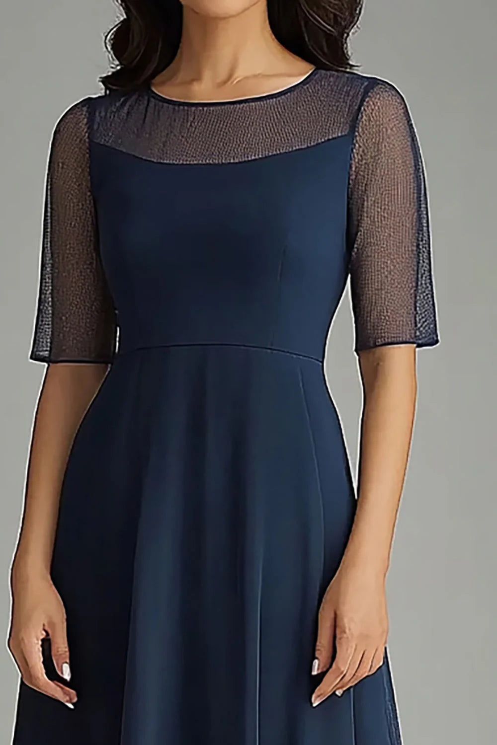 Navy Chiffon Illsion Neck Long Mother of the Bride Dress with Short Sleeves ﻿