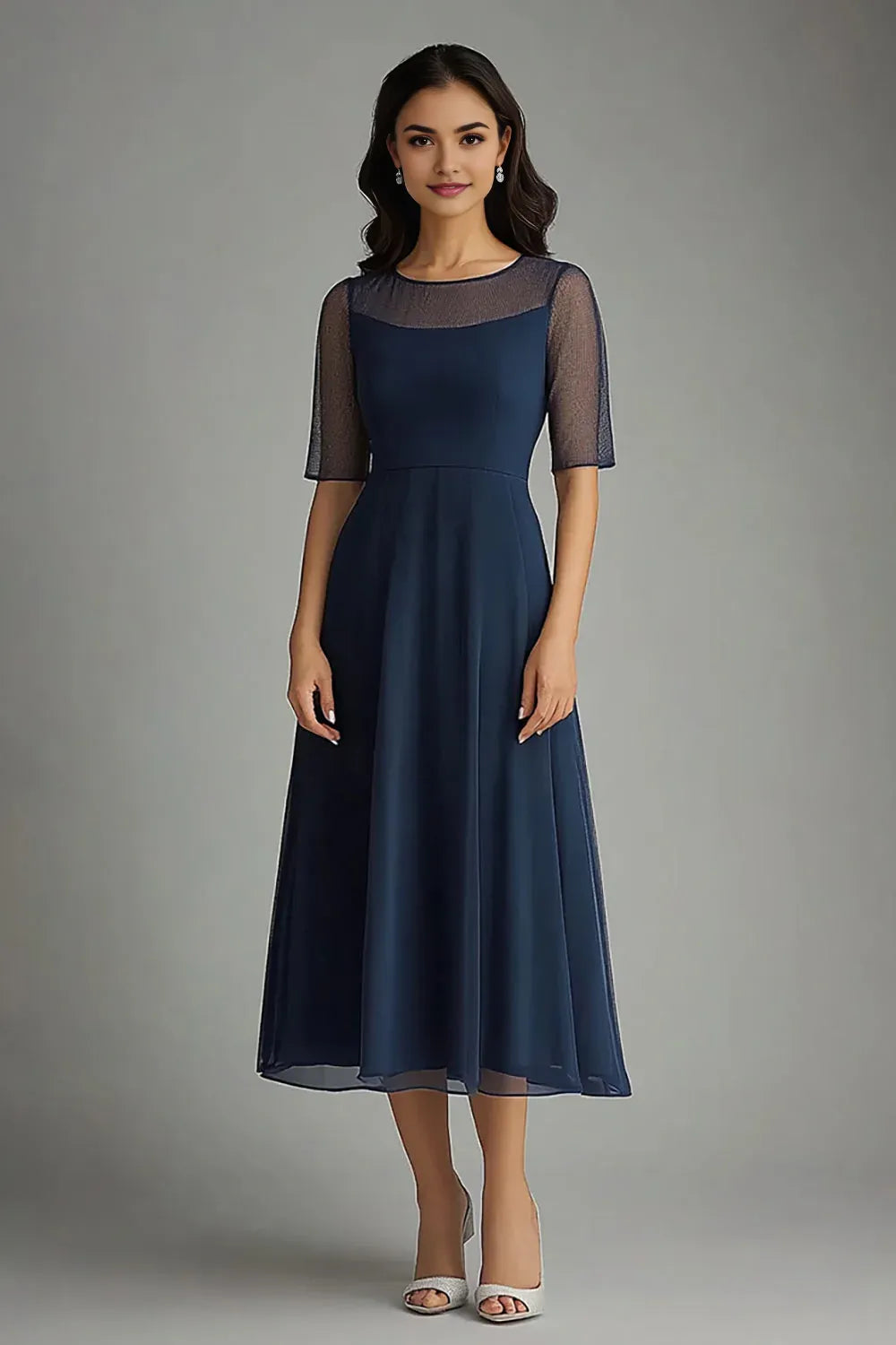 Navy Chiffon Illsion Neck Long Mother of the Bride Dress with Short Sleeves ﻿