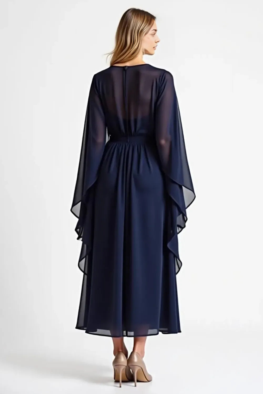 Navy Chiffon Long Mother of the Bride Dress with Long Sleeves