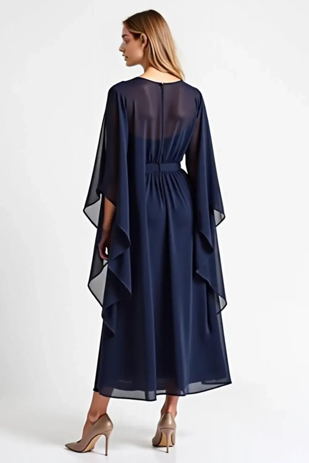 Navy Chiffon Long Mother of the Bride Dress with Long Sleeves