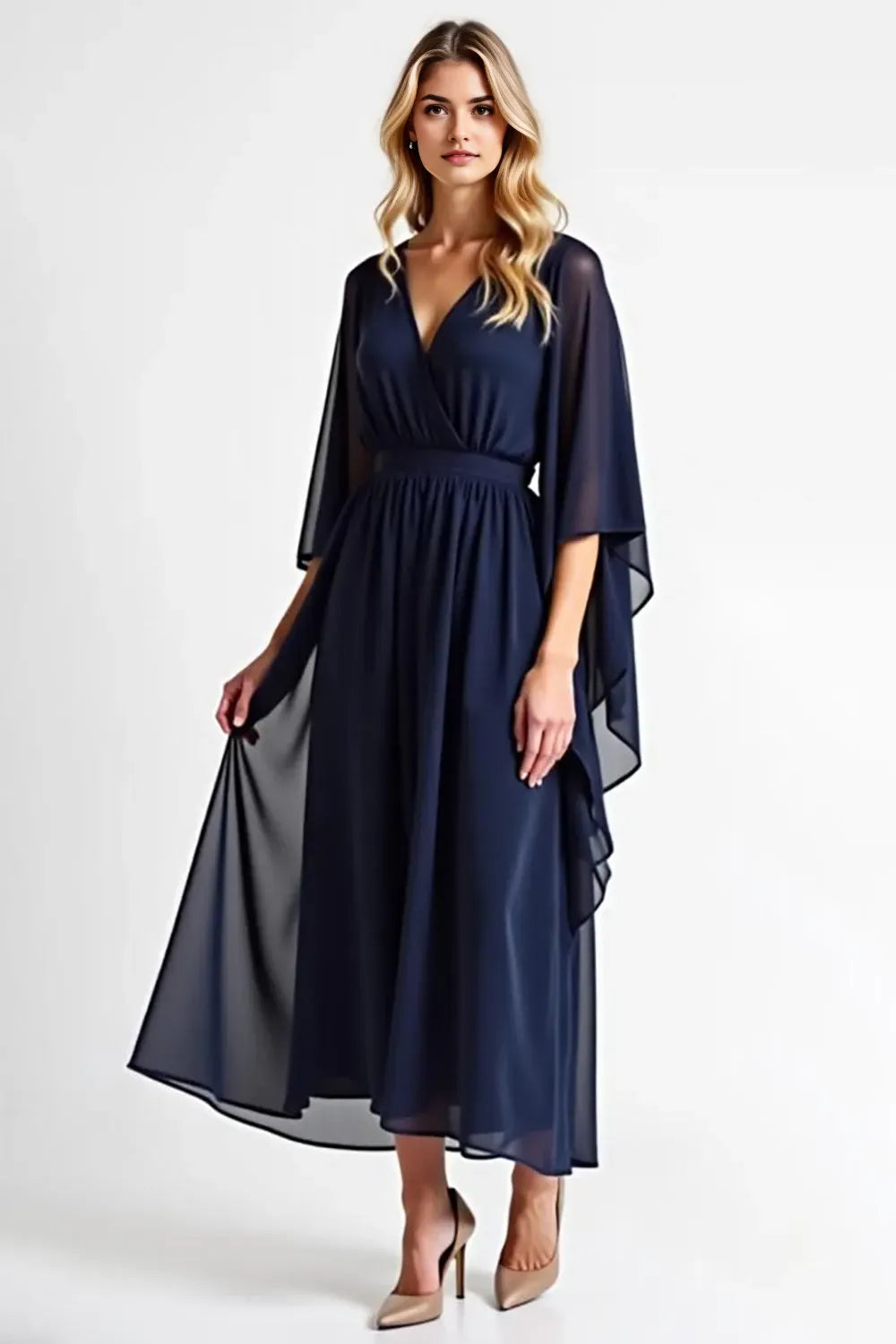 Navy Chiffon Long Mother of the Bride Dress with Long Sleeves