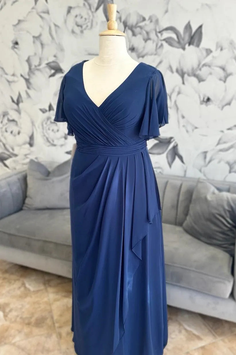Navy Chiffon Surplice Ruffle Mother of the Bride Dresses