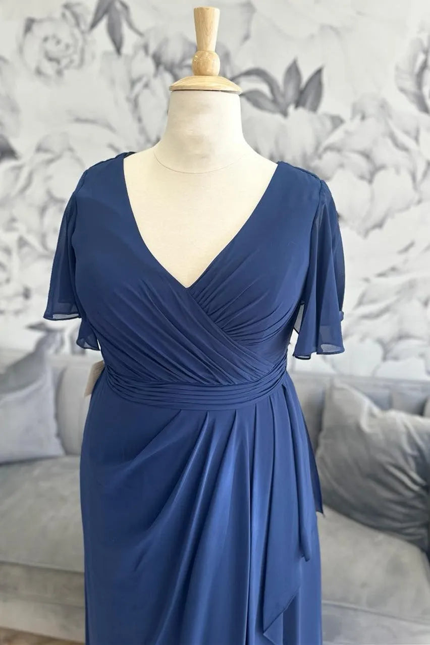 Navy Chiffon Surplice Ruffle Mother of the Bride Dresses
