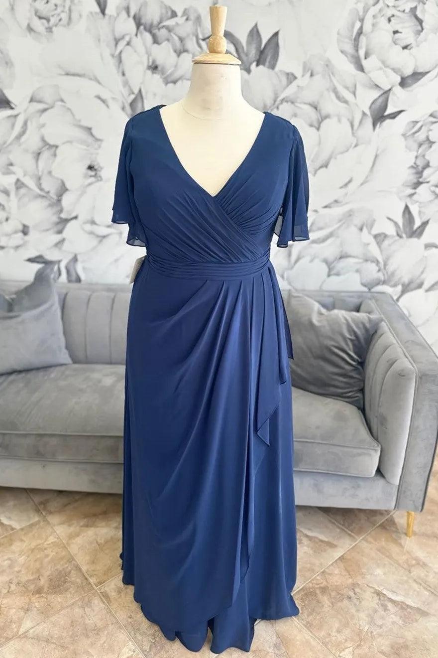 Navy Chiffon Surplice Ruffle Mother of the Bride Dresses