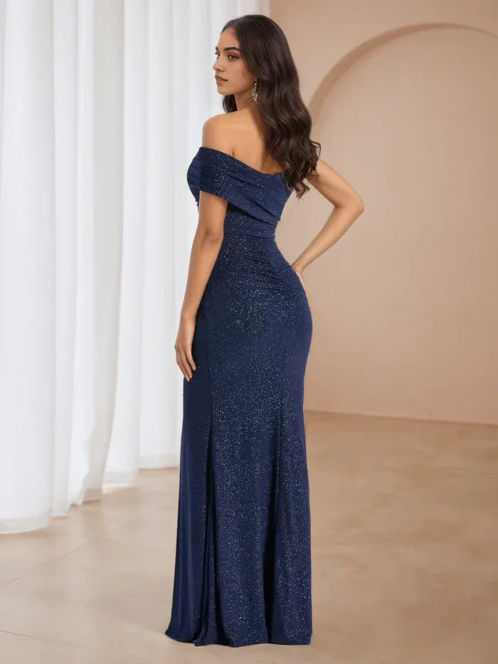 Navy Glitter Off Prom Dresses side Slit Ruched Design for Enchanting Prom Nights