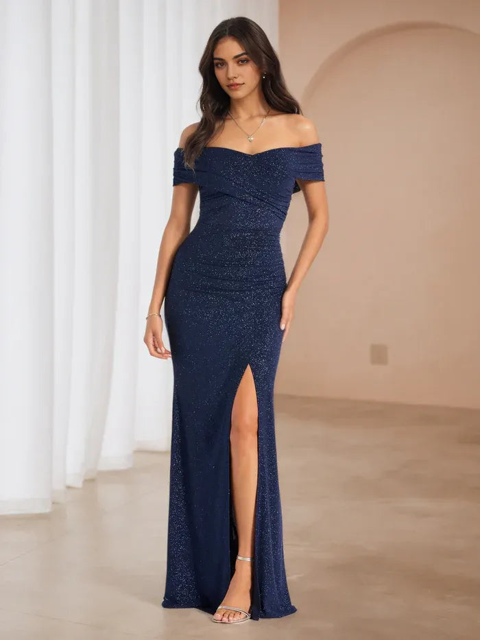 Navy Glitter Off Prom Dresses side Slit Ruched Design for Enchanting Prom Nights