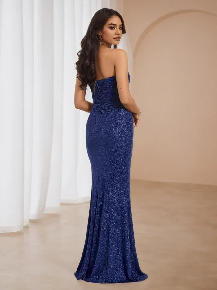 Navy Glitter Strapless Mermaid Gown Side Slit  Ruched Detail for Enchanting Prom Nights