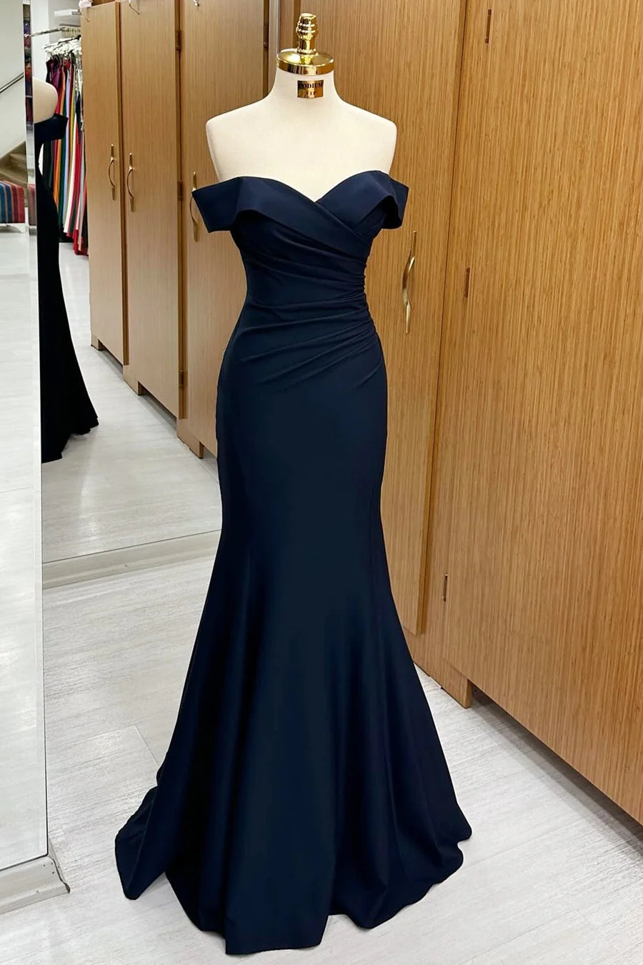 Navy Off-the-Shoulder Trumpet Long Formal Dress