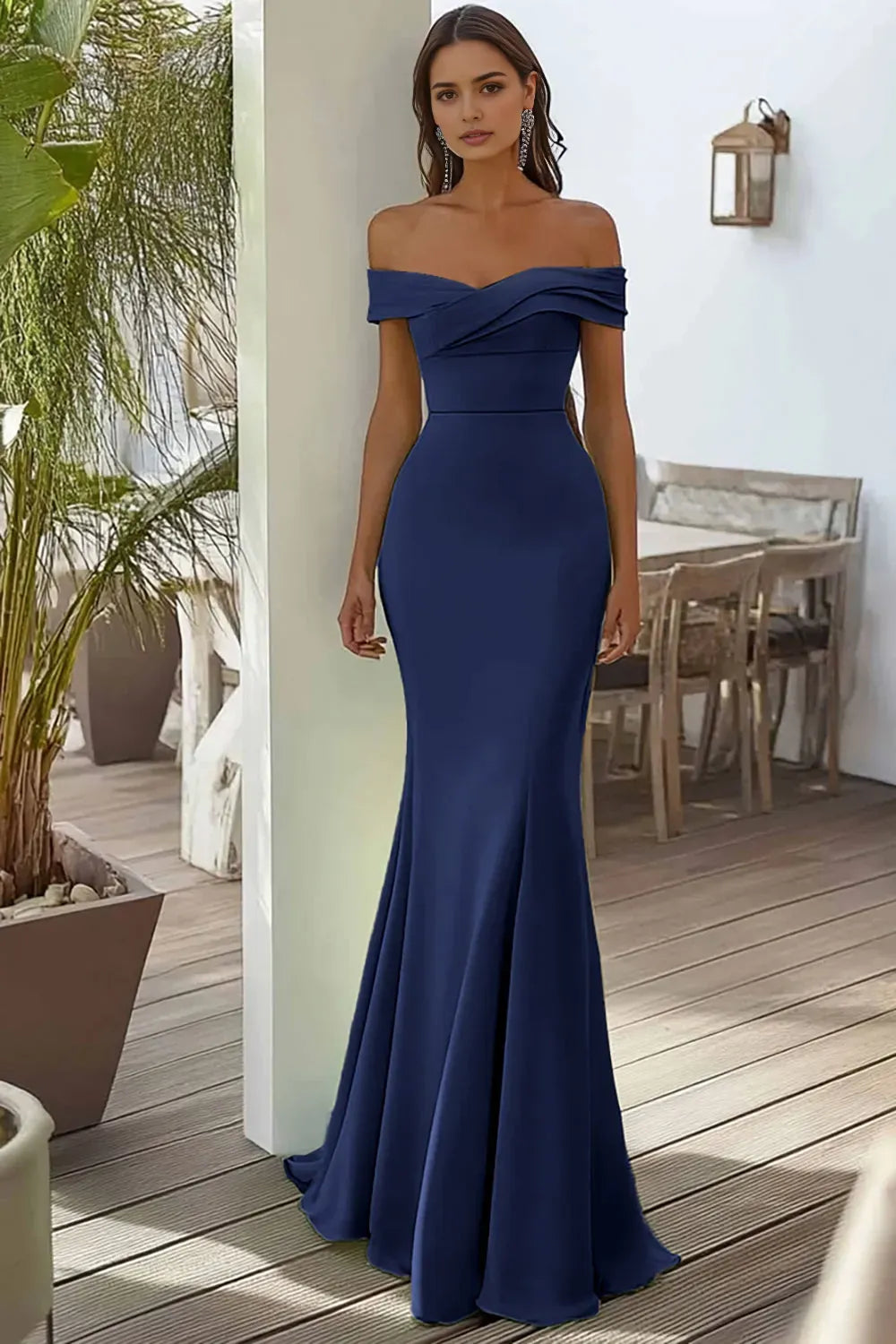Navy Off the Shoulder Mermaid Long Satin Evening Dresses ?