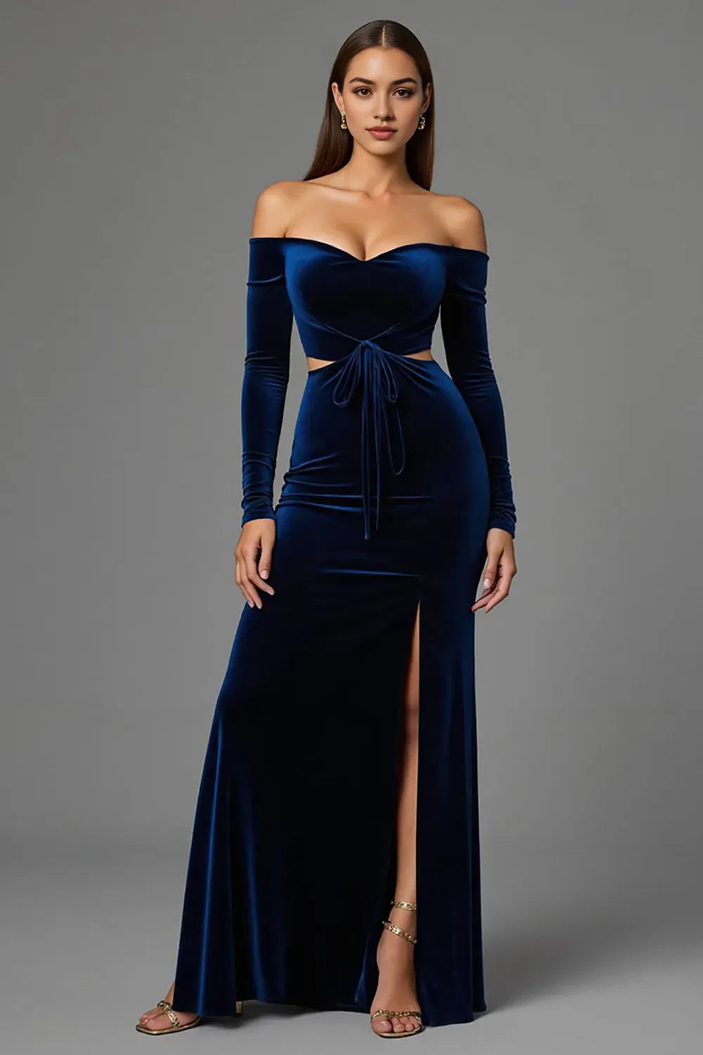 Navy Off the Shoulder Velvet Long Holiday Party Dress with Slit