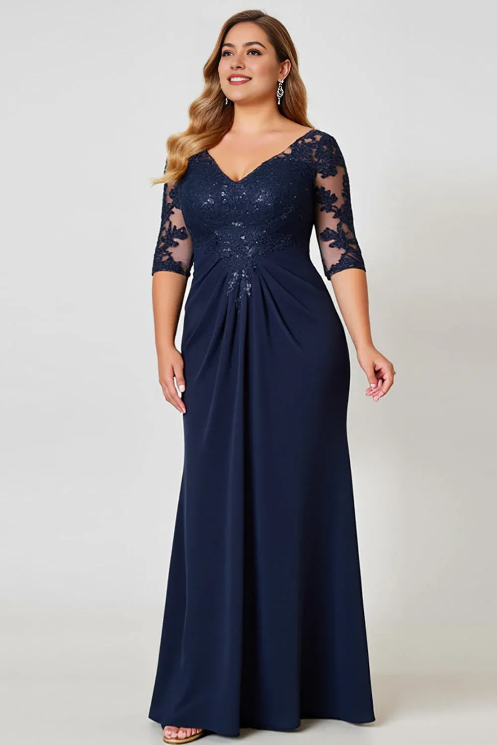 Navy Plus Size V Neck Chiffon Long Mother of the Bride Dress