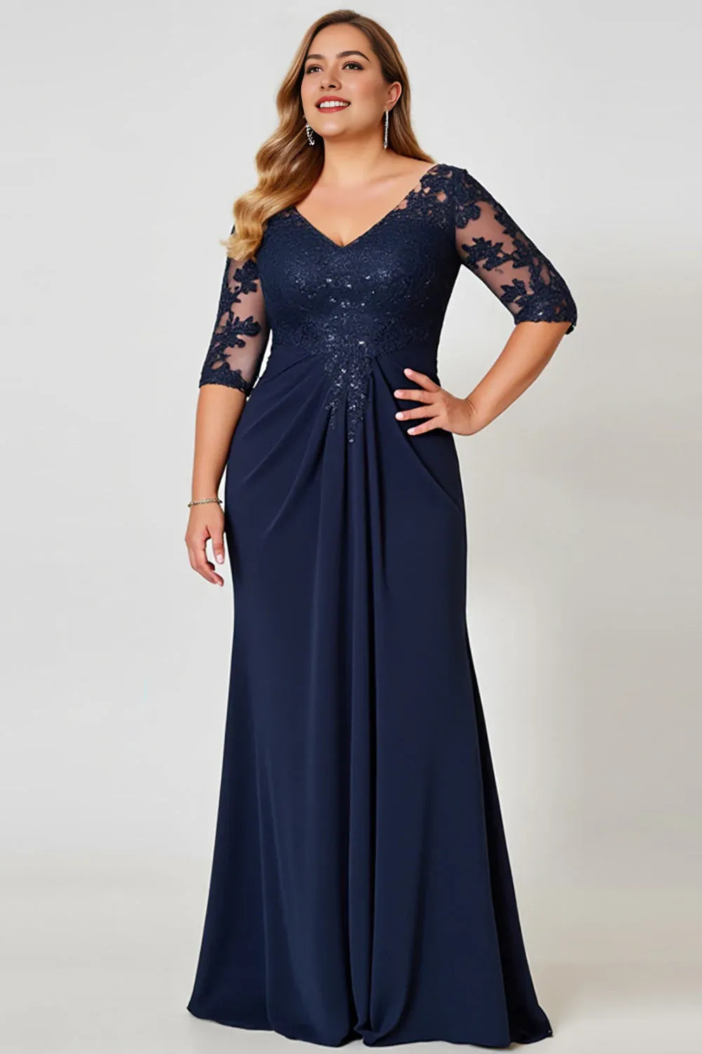 Navy Plus Size V Neck Chiffon Long Mother of the Bride Dress