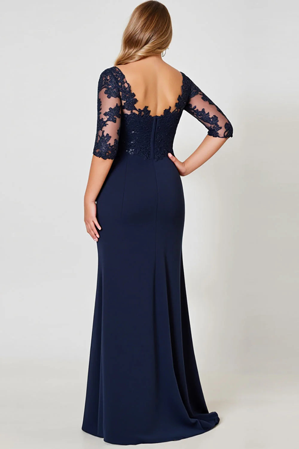 Navy Plus Size V Neck Chiffon Long Mother of the Bride Dress