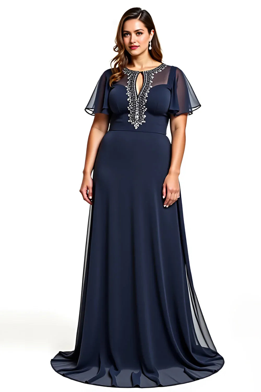 Navy Round Neck Sheath Cut Out Mother Of Bride Dress