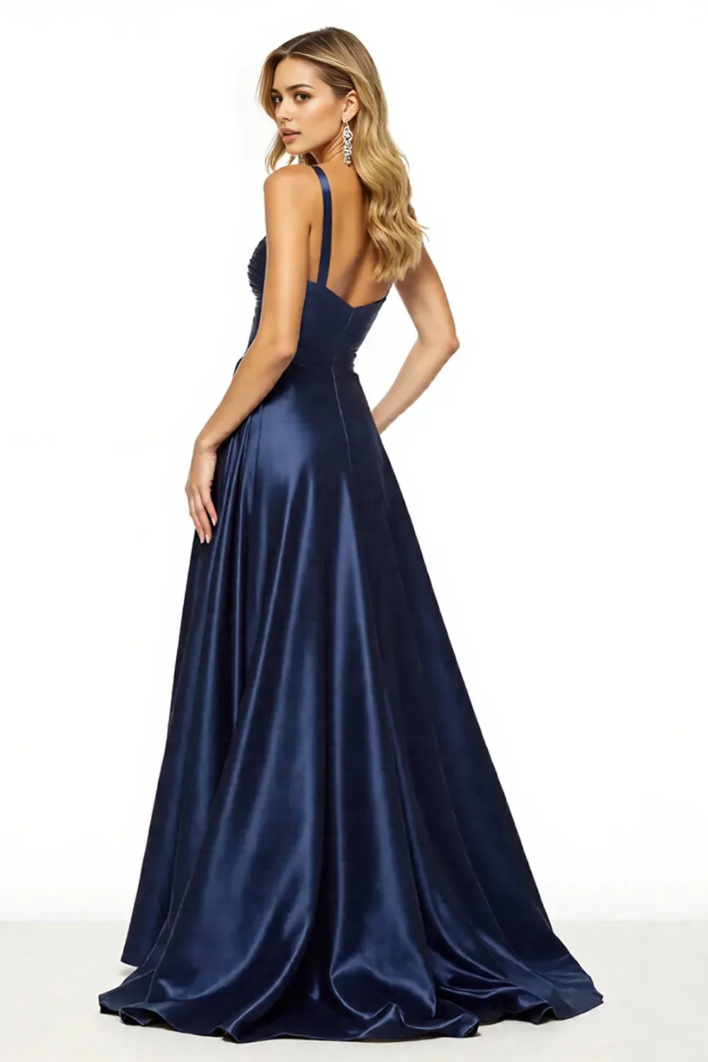 Navy Satin A Line Spaghetti Straps Long Evening Dresses with Slit