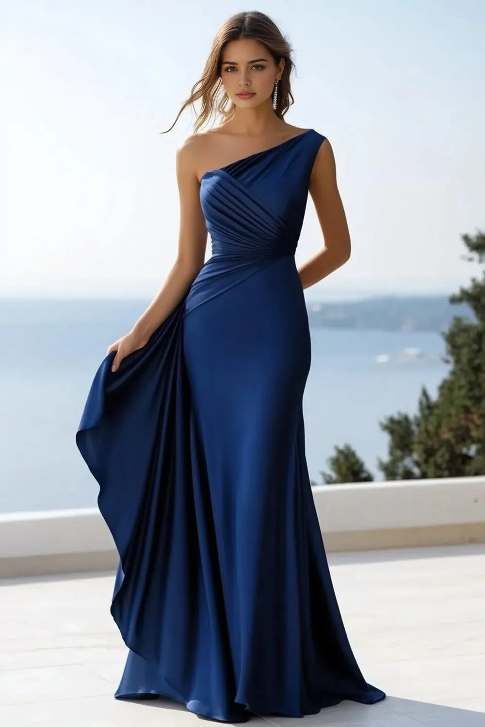 Navy Satin Mermaid Long One Shoulder Evening Dresses
