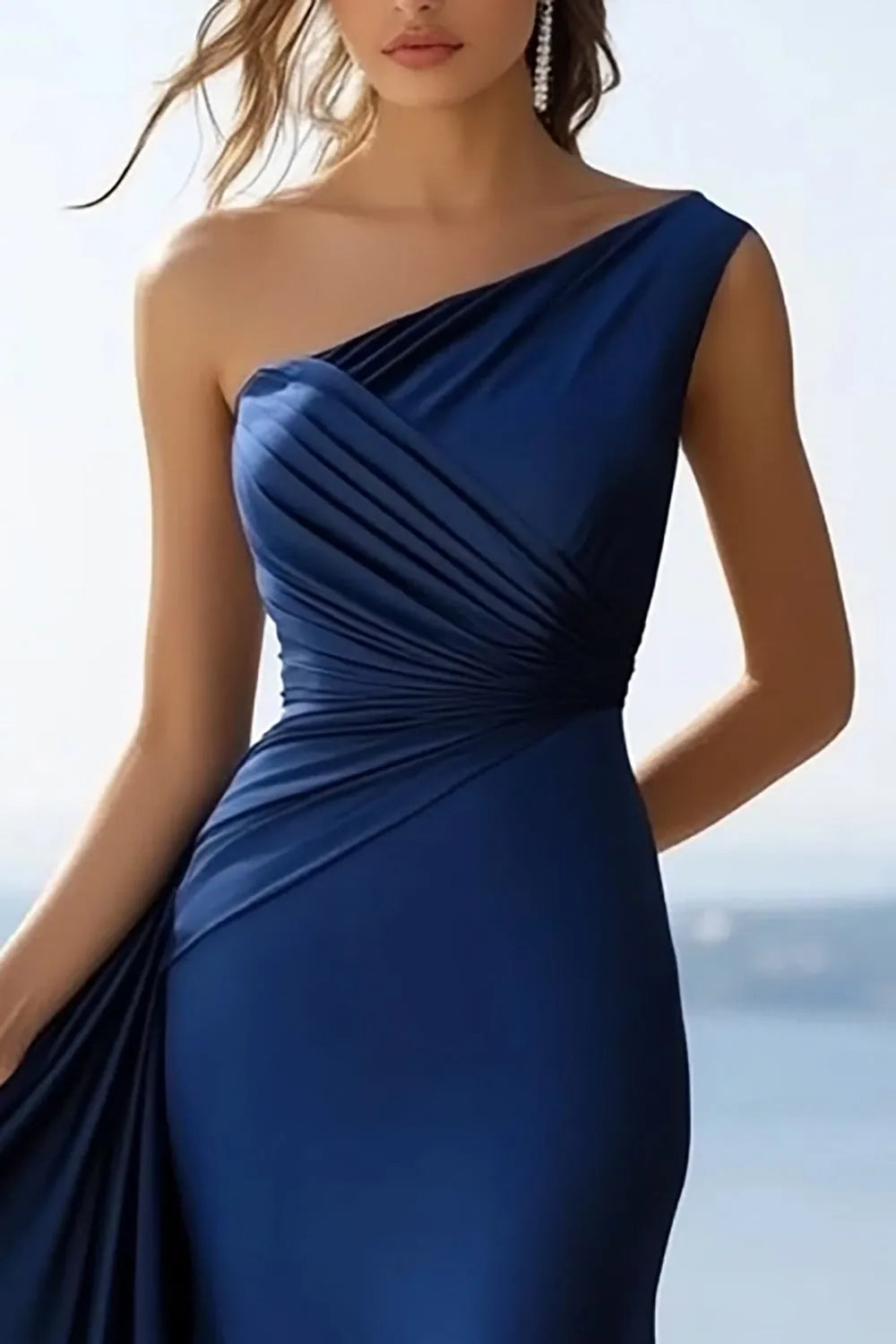 Navy Satin Mermaid Long One Shoulder Evening Dresses