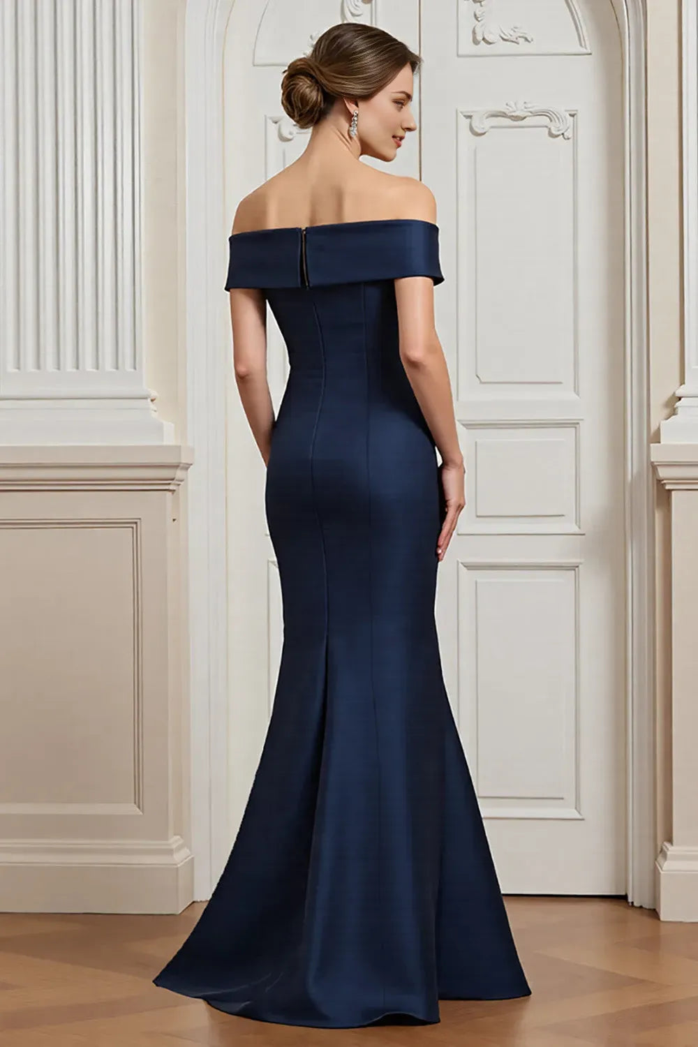 Navy Satin Mermaid Off the Shoulder Long Mother of the Bride Dress