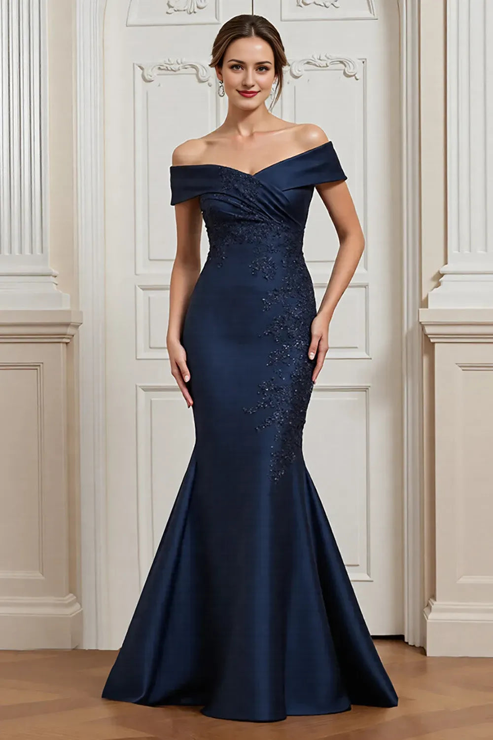 Navy Satin Mermaid Off the Shoulder Long Mother of the Bride Dress