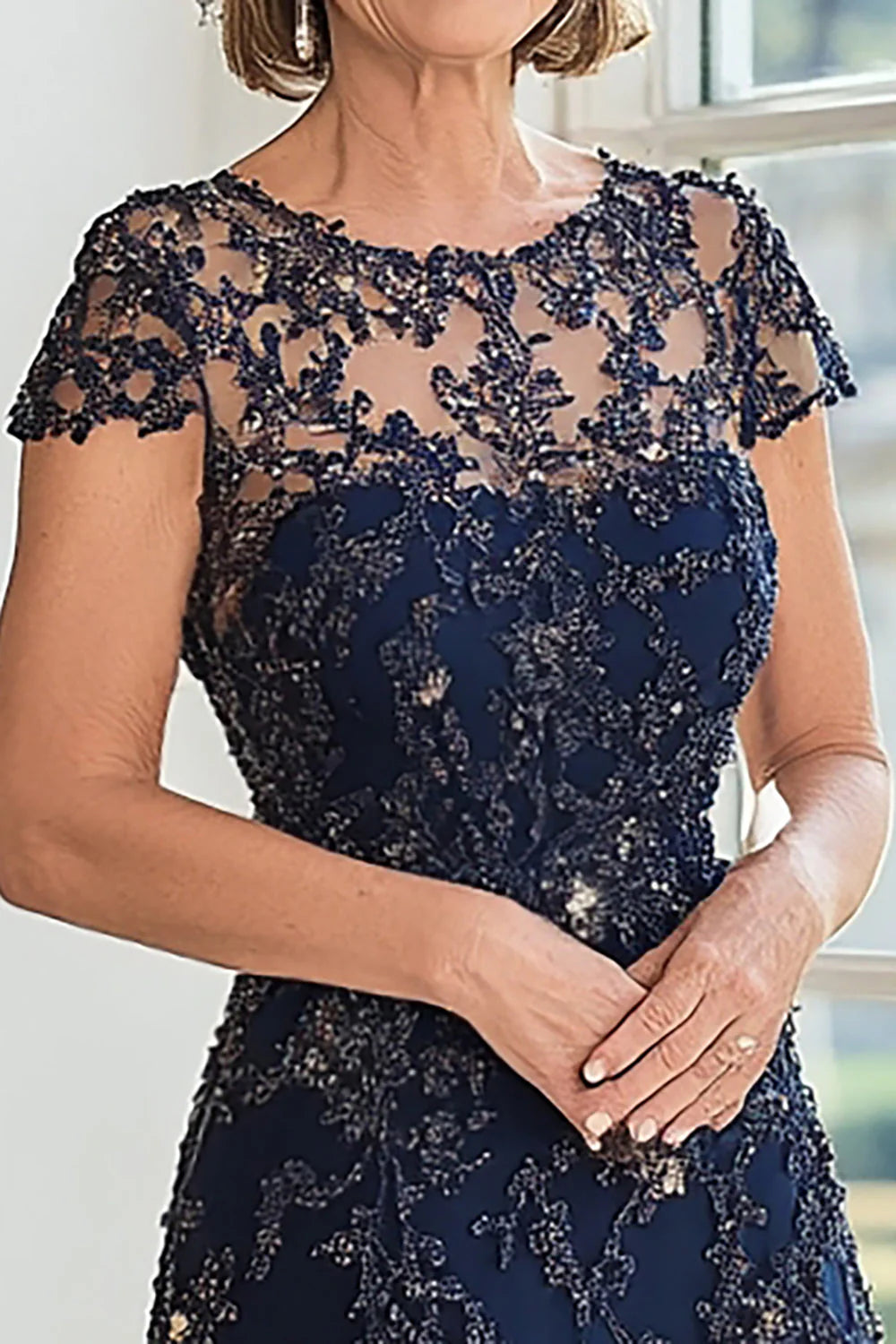 Navy Scoop Neck Cap Sleeves Lace Mother of the Bride Dress