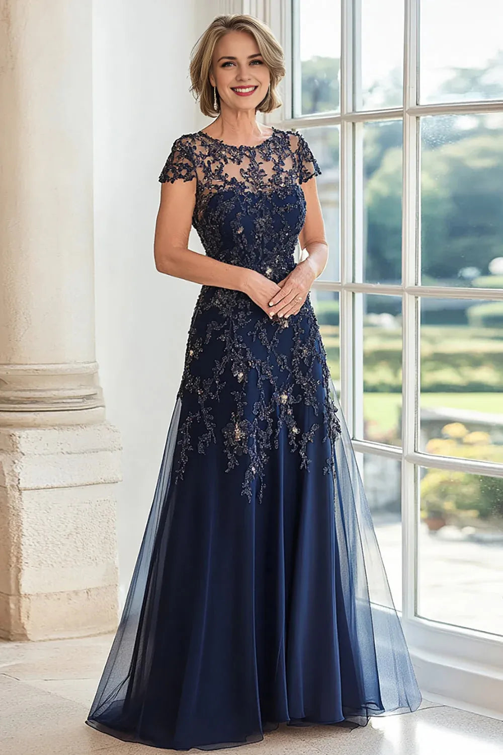 Navy Scoop Neck Cap Sleeves Lace Mother of the Bride Dress