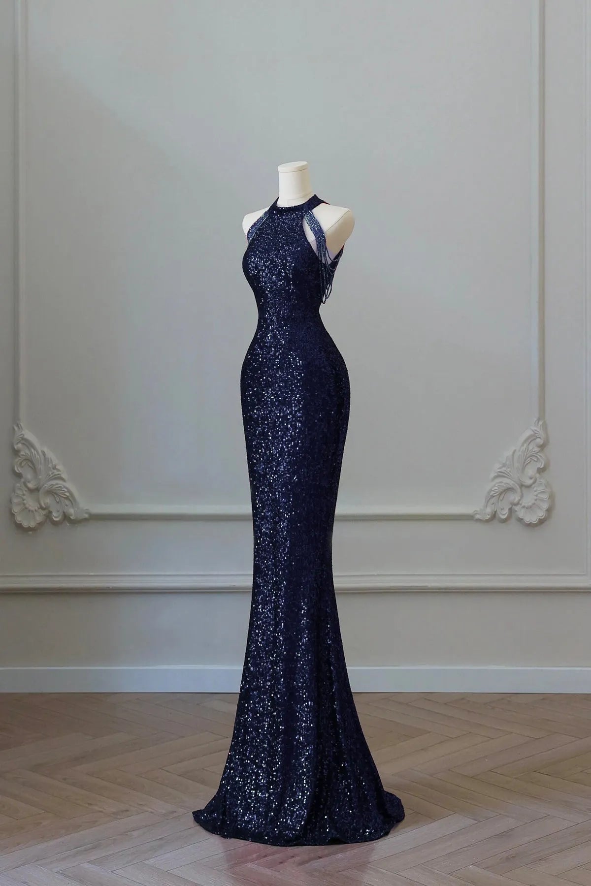 Navy Sequins Long Mermaid Prom Dress Elegant Off the Shoulder Party Dress