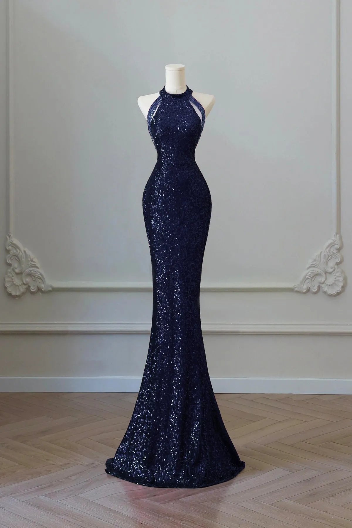 Navy Sequins Long Mermaid Prom Dress Elegant Off the Shoulder Party Dress